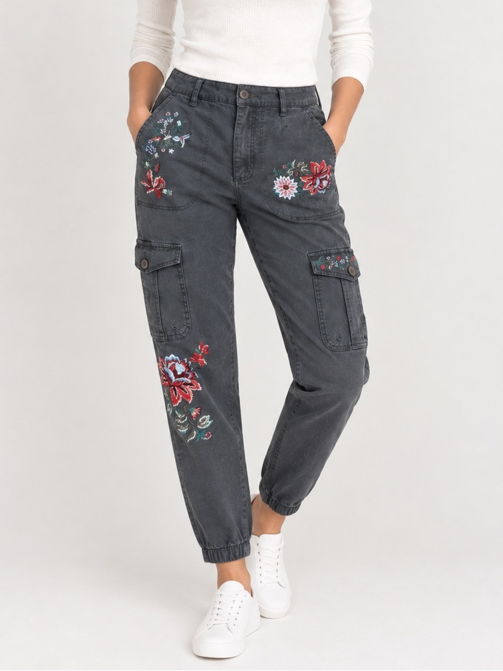 NWT Sundance Botanical Cargo Jogger Pants Floral Embroidered Gray Size 6